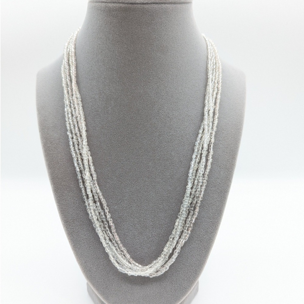 Vintage Multi Strand Clear Glass Seed Bead Necklace 5 Row Gold Tone Clasp 20 In
